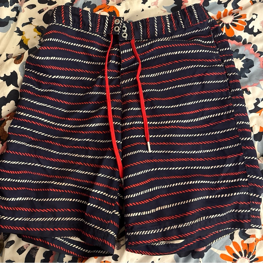 Lands' End Navy and Red Striped Board Shorts